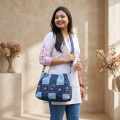 IVY-Patchwork Denim Shoulder Bag With Detachable Strap SI-38