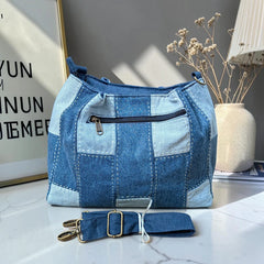 IVY-Patchwork Denim Shoulder Bag With Detachable Strap SI-4