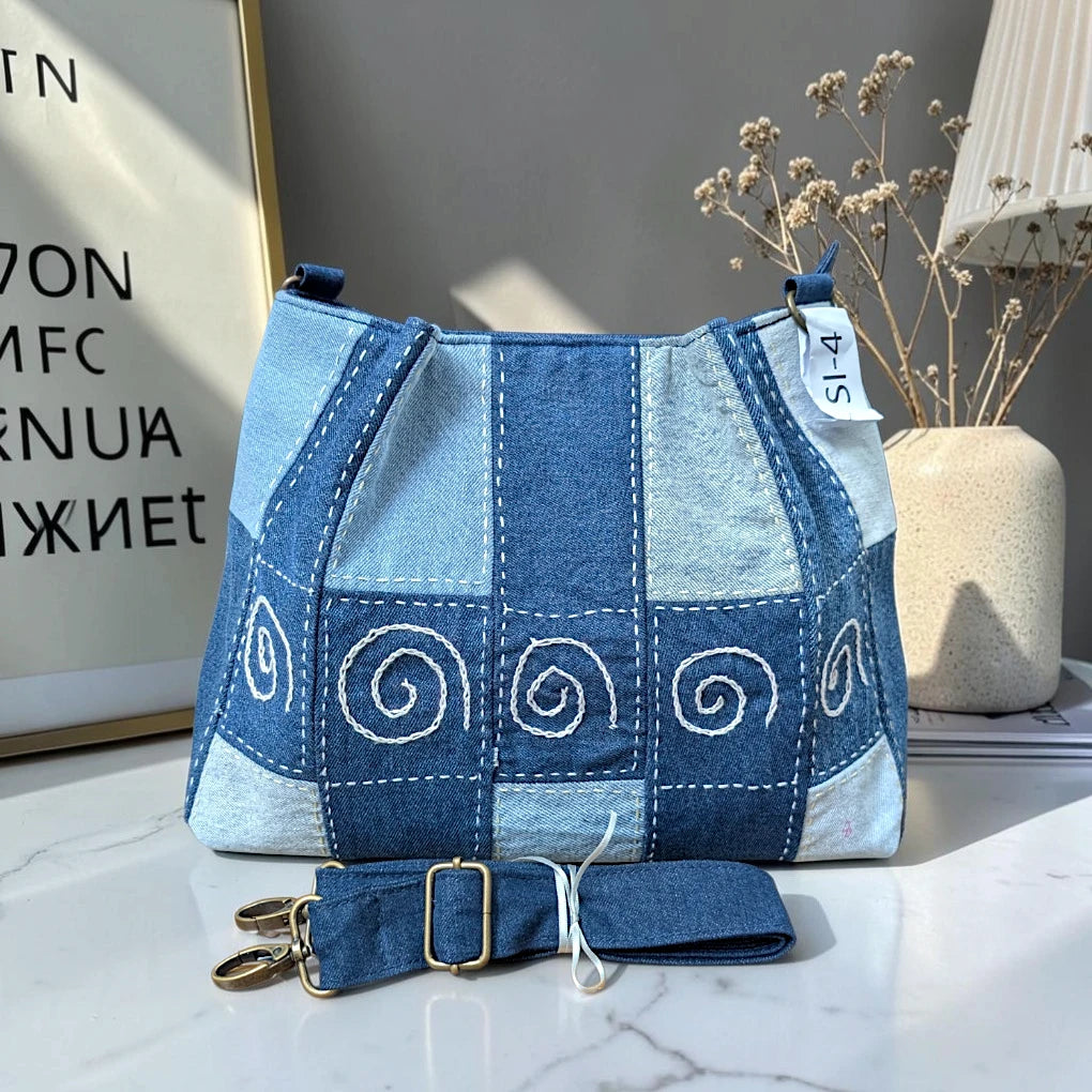 IVY-Patchwork Denim Shoulder Bag With Detachable Strap SI-4