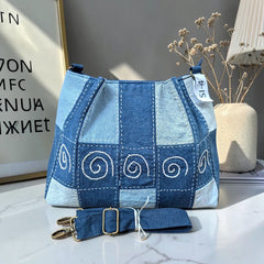 IVY-Patchwork Denim Shoulder Bag With Detachable Strap SI-4