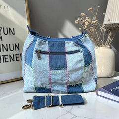 IVY-Patchwork Denim Shoulder Bag With Detachable Strap SI-5