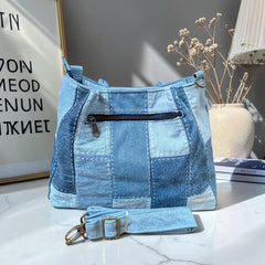 IVY-Patchwork Denim Shoulder Bag With Detachable Strap SI-6