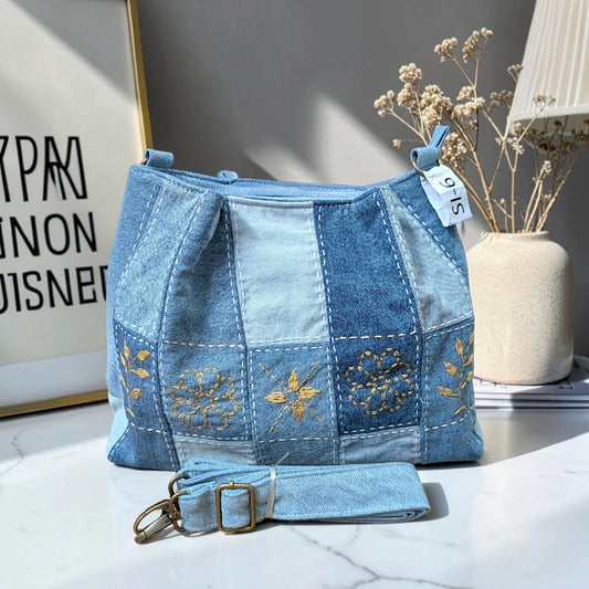 IVY-Patchwork Denim Shoulder Bag With Detachable Strap SI-6