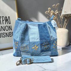 IVY-Patchwork Denim Shoulder Bag With Detachable Strap SI-6