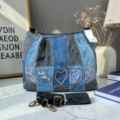IVY-Patchwork Denim Shoulder Bag With Detachable Strap SI-7
