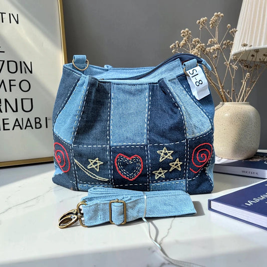 IVY-Patchwork Denim Shoulder Bag With Detachable Strap SI-8