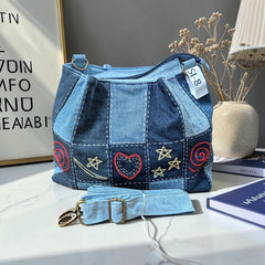 IVY-Patchwork Denim Shoulder Bag With Detachable Strap SI-8