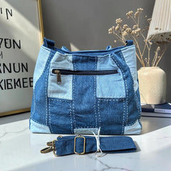 IVY-Patchwork Denim Shoulder Bag With Detachable Strap SI-9