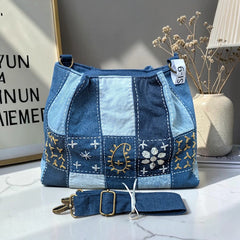 IVY-Patchwork Denim Shoulder Bag With Detachable Strap SI-9