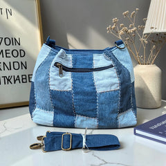 IVY-Patchwork Denim Shoulder Bag With Detachable Strap SI-10