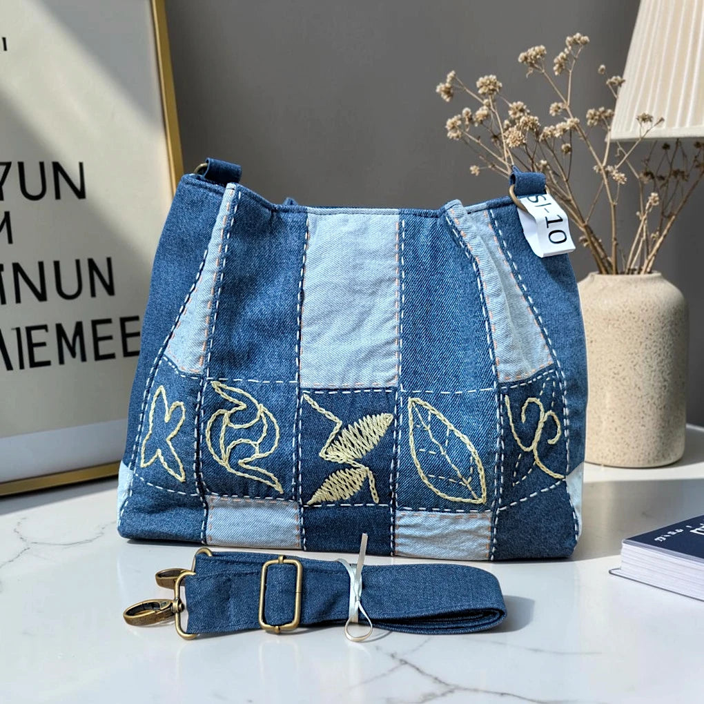 IVY-Patchwork Denim Shoulder Bag With Detachable Strap SI-10
