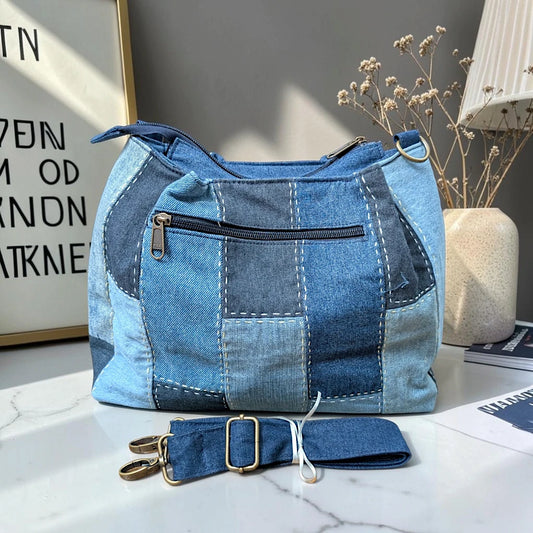 IVY-Patchwork Denim Shoulder Bag With Detachable Strap SI-11