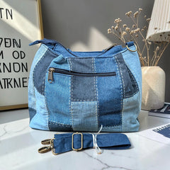 IVY-Patchwork Denim Shoulder Bag With Detachable Strap SI-11