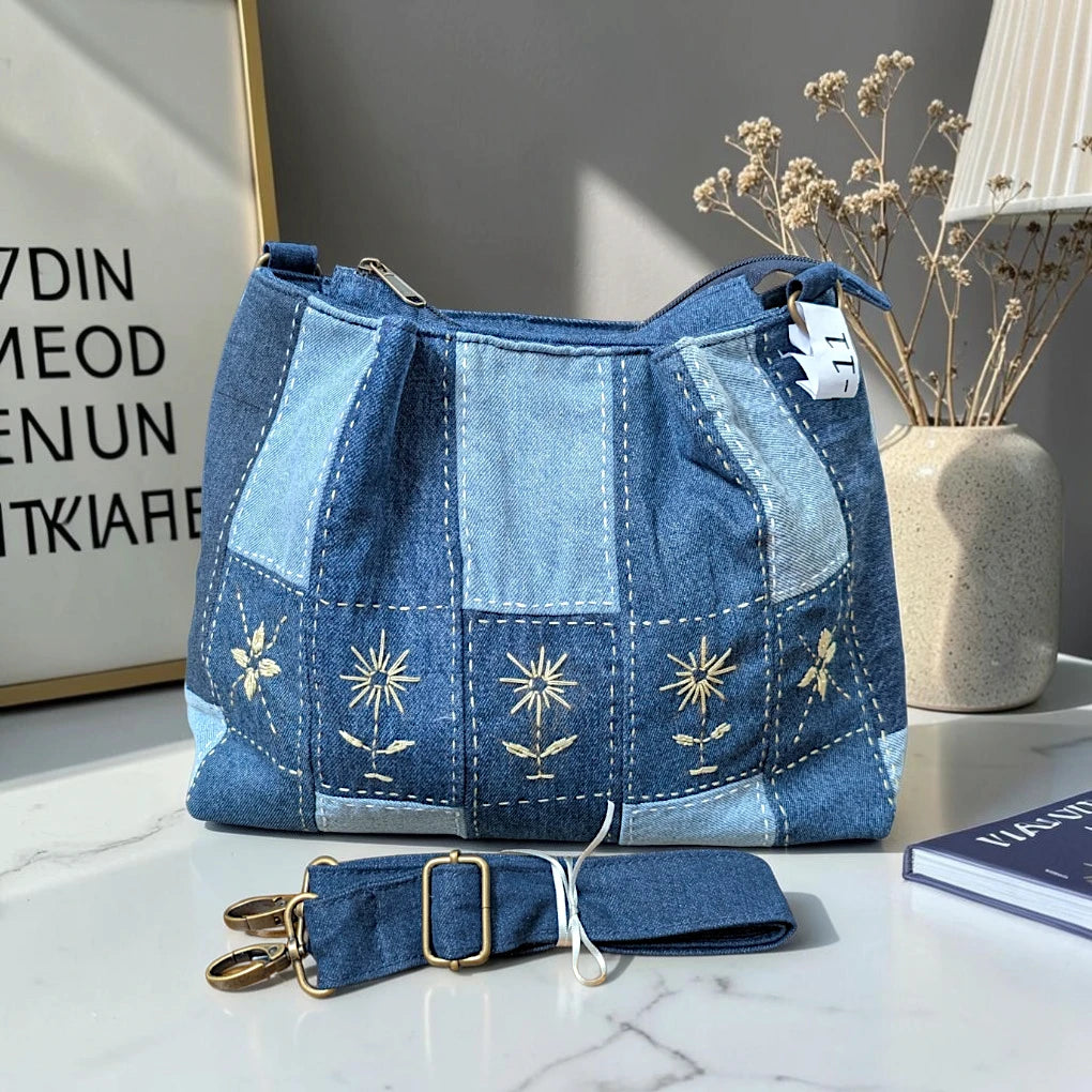 IVY-Patchwork Denim Shoulder Bag With Detachable Strap SI-11