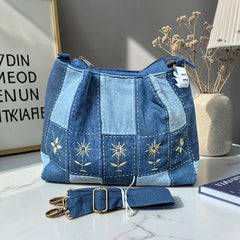 IVY-Patchwork Denim Shoulder Bag With Detachable Strap SI-11