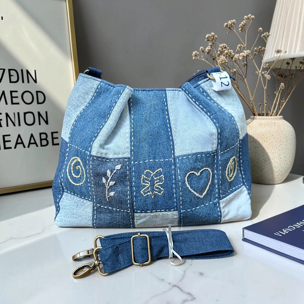 IVY-Patchwork Denim Shoulder Bag With Detachable Strap SI-12