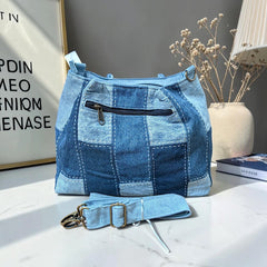 IVY-Patchwork Denim Shoulder Bag With Detachable Strap SI-13