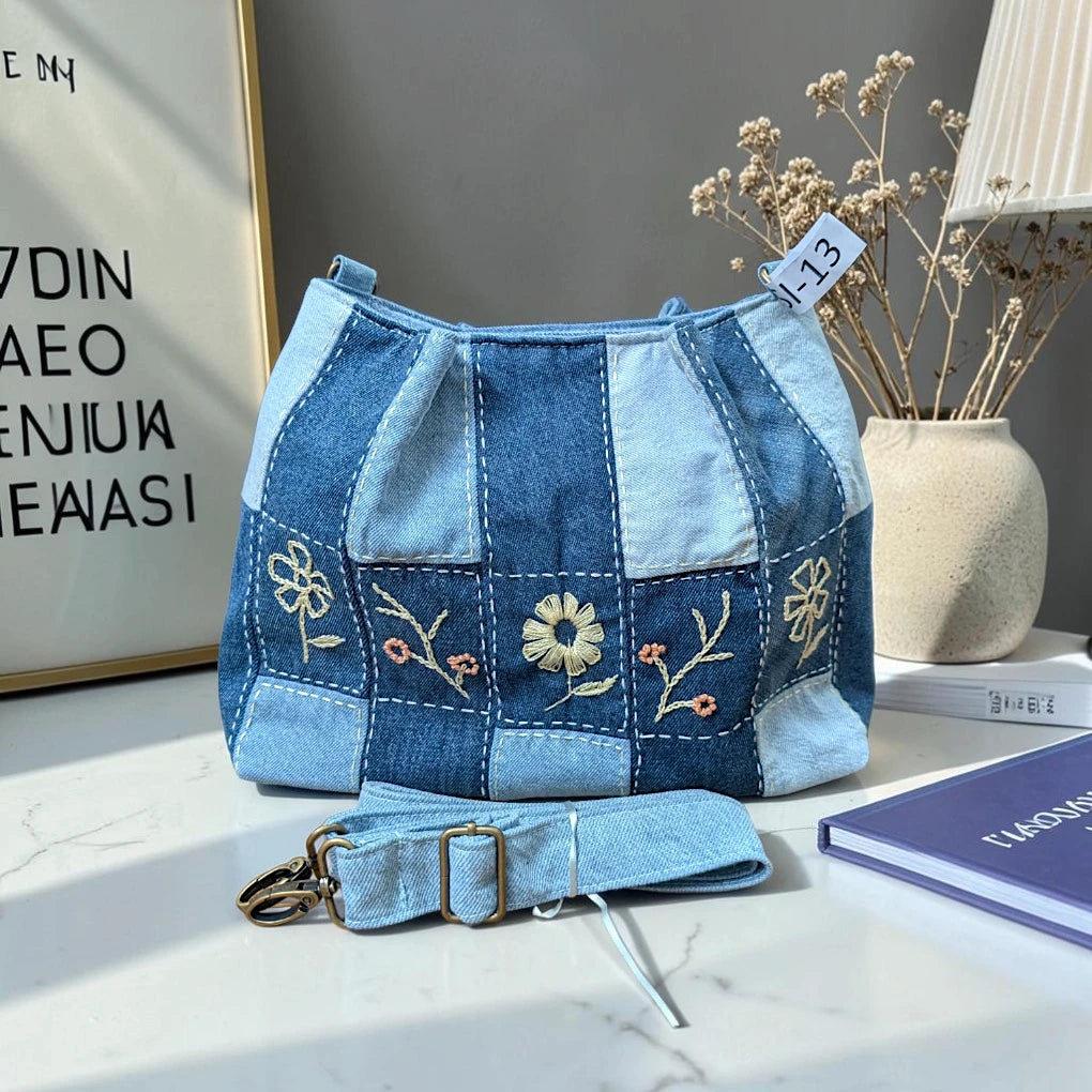 IVY-Patchwork Denim Shoulder Bag With Detachable Strap SI-13