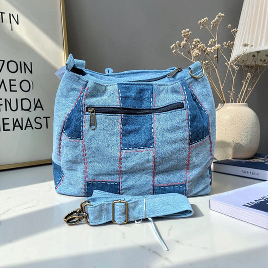 IVY-Patchwork Denim Shoulder Bag With Detachable Strap SI-15