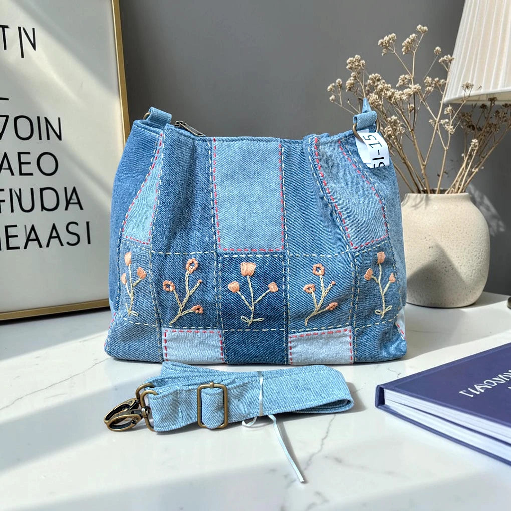 IVY-Patchwork Denim Shoulder Bag With Detachable Strap SI-15