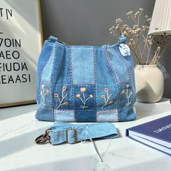 IVY-Patchwork Denim Shoulder Bag With Detachable Strap SI-15