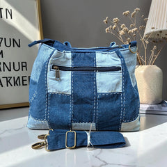 IVY-Patchwork Denim Shoulder Bag With Detachable Strap SI-16