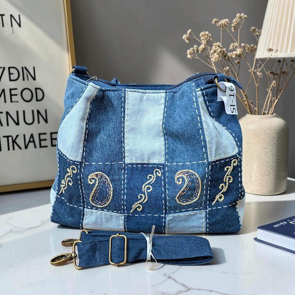 IVY-Patchwork Denim Shoulder Bag With Detachable Strap SI-16
