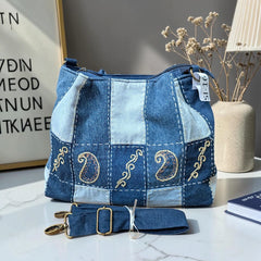 IVY-Patchwork Denim Shoulder Bag With Detachable Strap SI-16