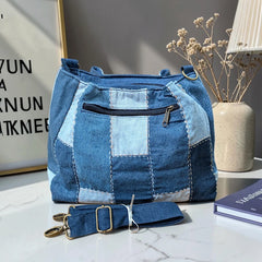 IVY-Patchwork Denim Shoulder Bag With Detachable Strap SI-17
