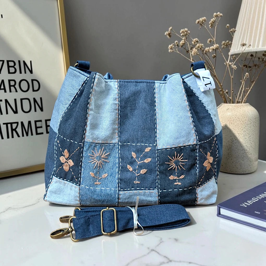 IVY-Patchwork Denim Shoulder Bag With Detachable Strap SI-17