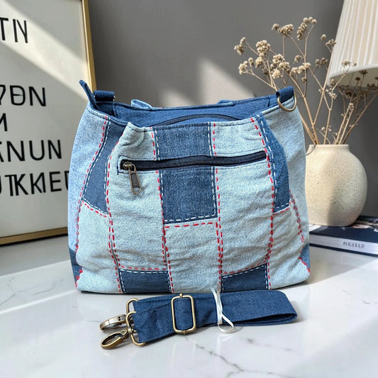 IVY-Patchwork Denim Shoulder Bag With Detachable Strap SI-18