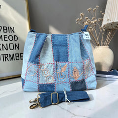 IVY-Patchwork Denim Shoulder Bag With Detachable Strap SI-18