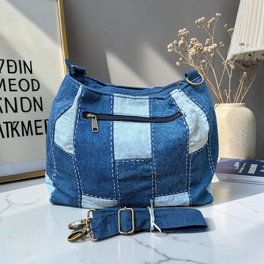 IVY-Patchwork Denim Shoulder Bag With Detachable Strap SI-19