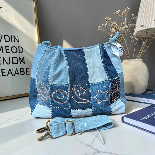 IVY-Patchwork Denim Shoulder Bag With Detachable Strap SI-19