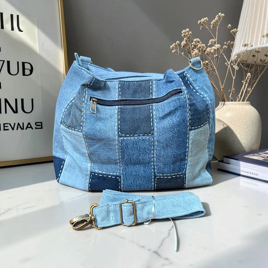 IVY-Patchwork Denim Shoulder Bag With Detachable Strap SI-20