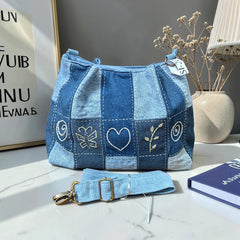IVY-Patchwork Denim Shoulder Bag With Detachable Strap SI-20