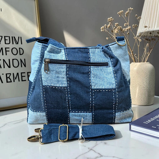 IVY-Patchwork Denim Shoulder Bag With Detachable Strap SI-21