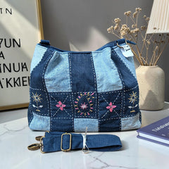 IVY-Patchwork Denim Shoulder Bag With Detachable Strap SI-21