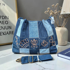 IVY-Patchwork Denim Shoulder Bag With Detachable Strap SI-22