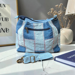 IVY-Patchwork Denim Shoulder Bag With Detachable Strap SI-23