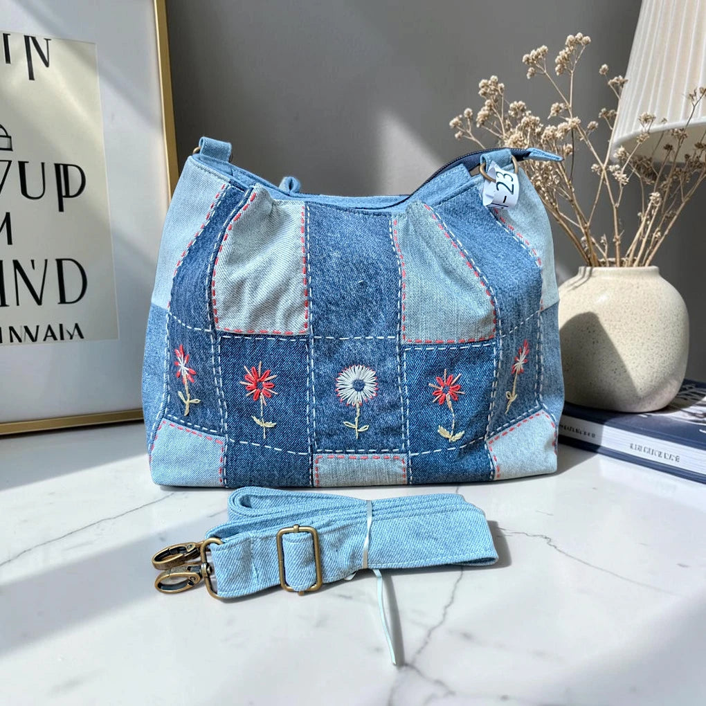 IVY-Patchwork Denim Shoulder Bag With Detachable Strap SI-23