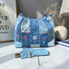 IVY-Patchwork Denim Shoulder Bag With Detachable Strap SI-23