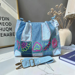 IVY-Patchwork Denim Shoulder Bag With Detachable Strap SI-24