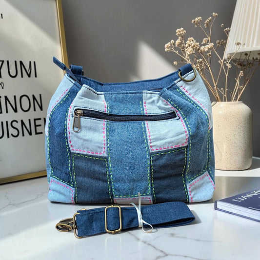 IVY-Patchwork Denim Shoulder Bag With Detachable Strap SI-25