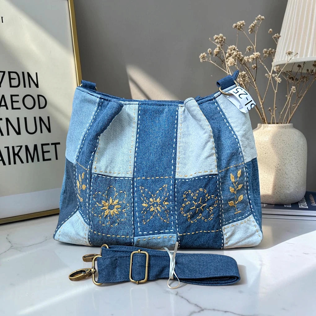 IVY-Patchwork Denim Shoulder Bag With Detachable Strap SI-25