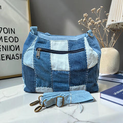IVY-Patchwork Denim Shoulder Bag With Detachable Strap SI-26