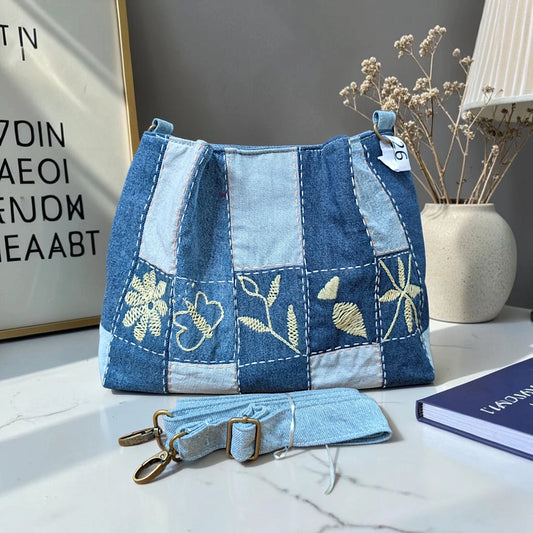 IVY-Patchwork Denim Shoulder Bag With Detachable Strap SI-26