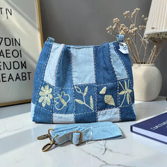 IVY-Patchwork Denim Shoulder Bag With Detachable Strap SI-26