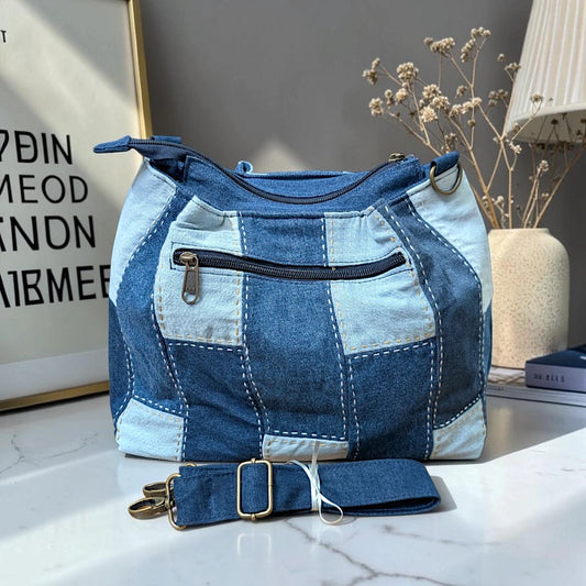 IVY-Patchwork Denim Shoulder Bag With Detachable Strap SI-27