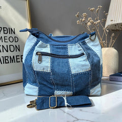 IVY-Patchwork Denim Shoulder Bag With Detachable Strap SI-27